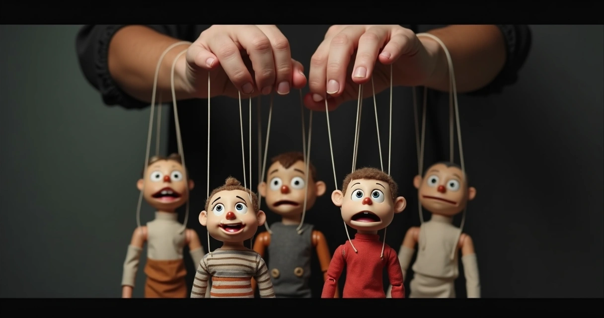 Pessoa manipulando marionetes com expressões distintas