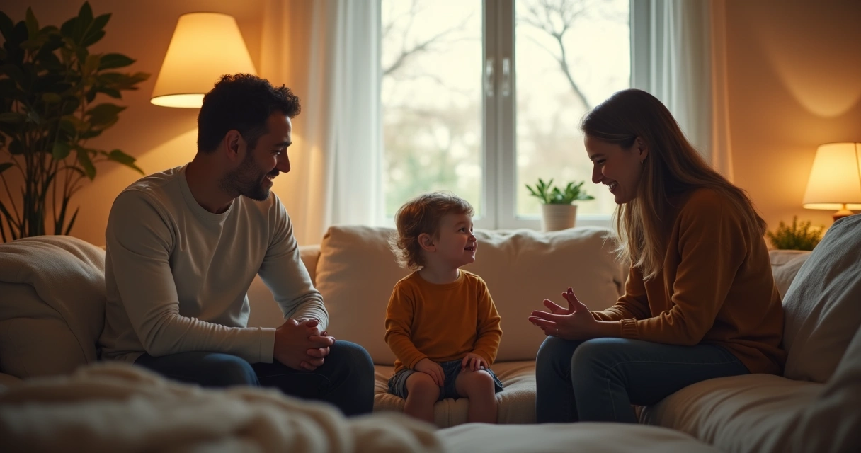Criança observando adultos em uma sala com aparência acolhedora. 