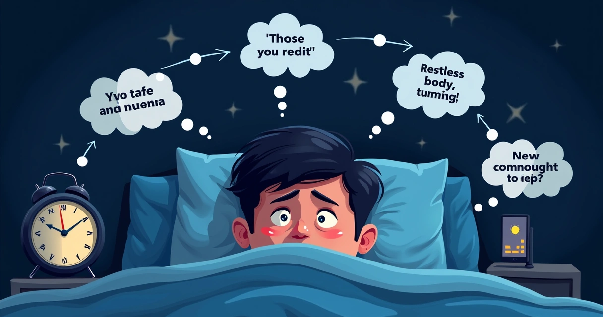 Fluxo ilustrado de pensamentos negativos e comportamentos durante a insônia 