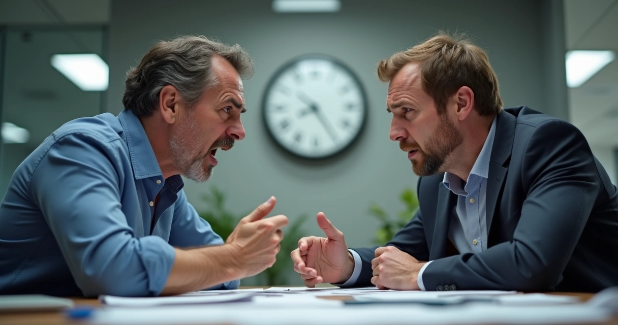 Duas pessoas discutindo em uma reunião, gesticulando e com expressões tensas