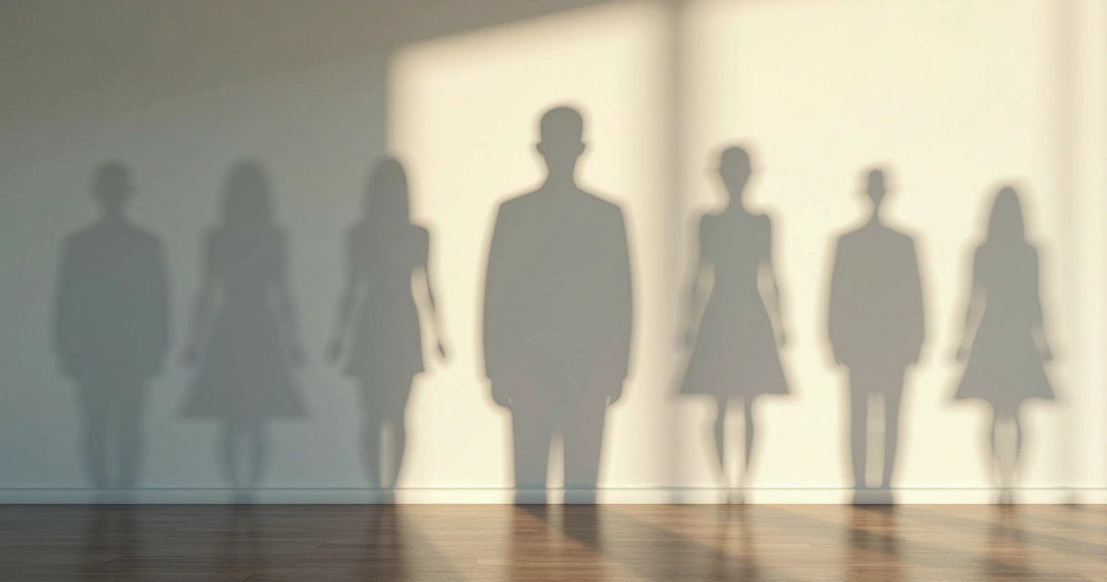 Várias sombras humanas sobrepostas na parede simbolizando padrões repetitivos.