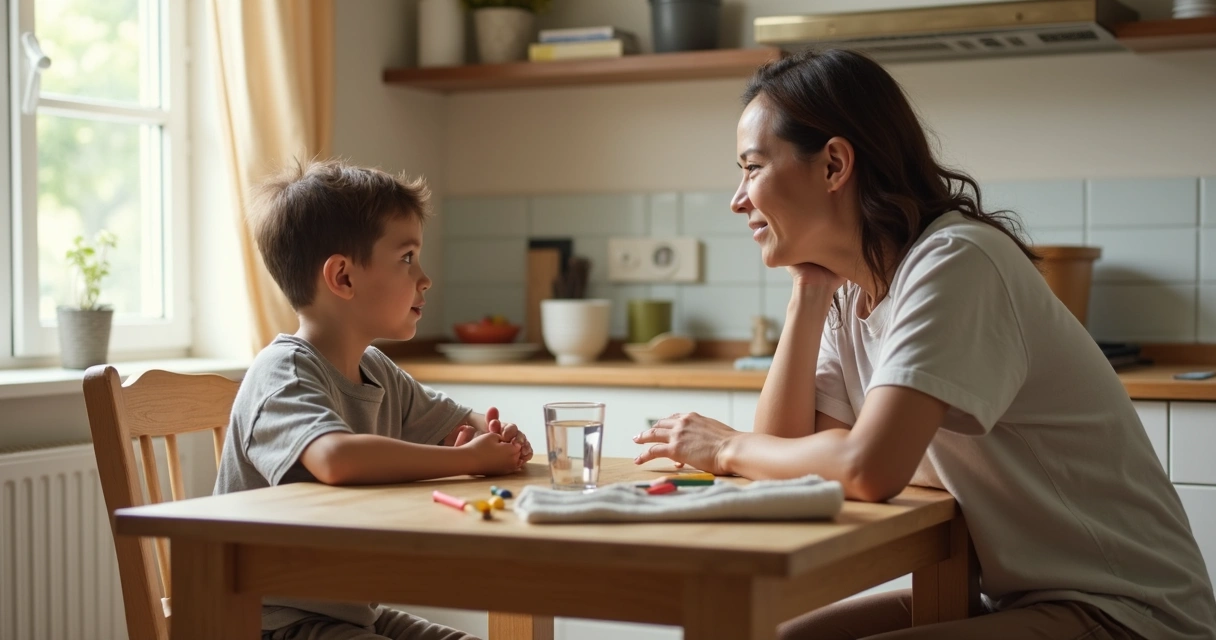 Adulto escuchando a un niño en una mesa de casa