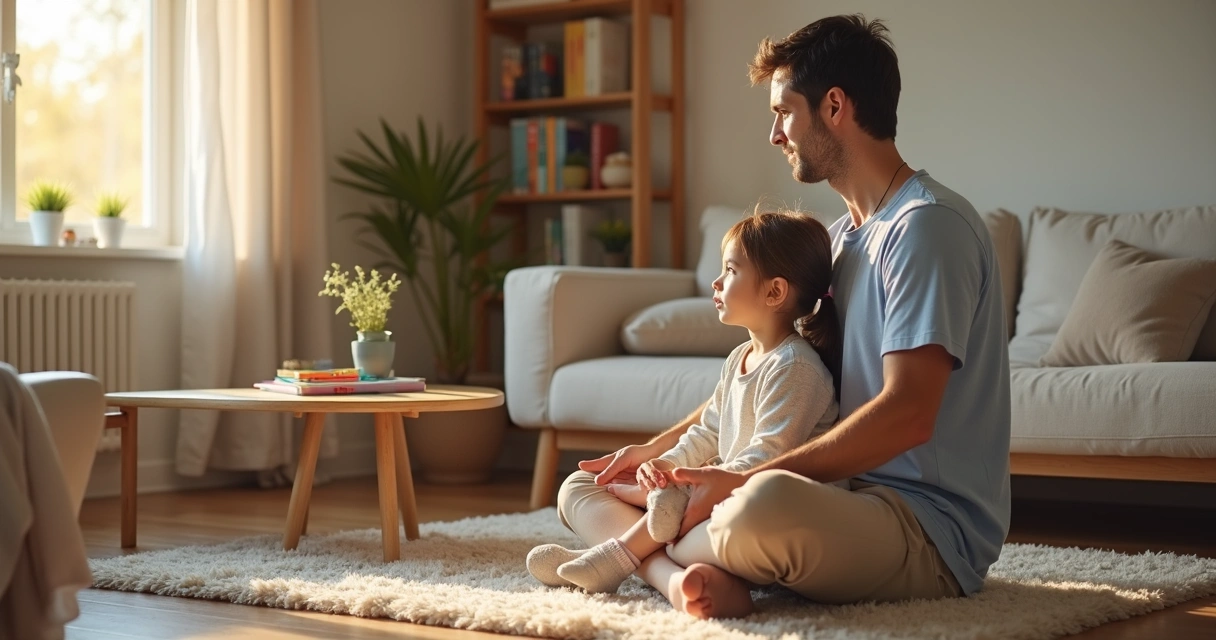 Padre sentado en el suelo hablando con su hija pequeña en la sala de estar 