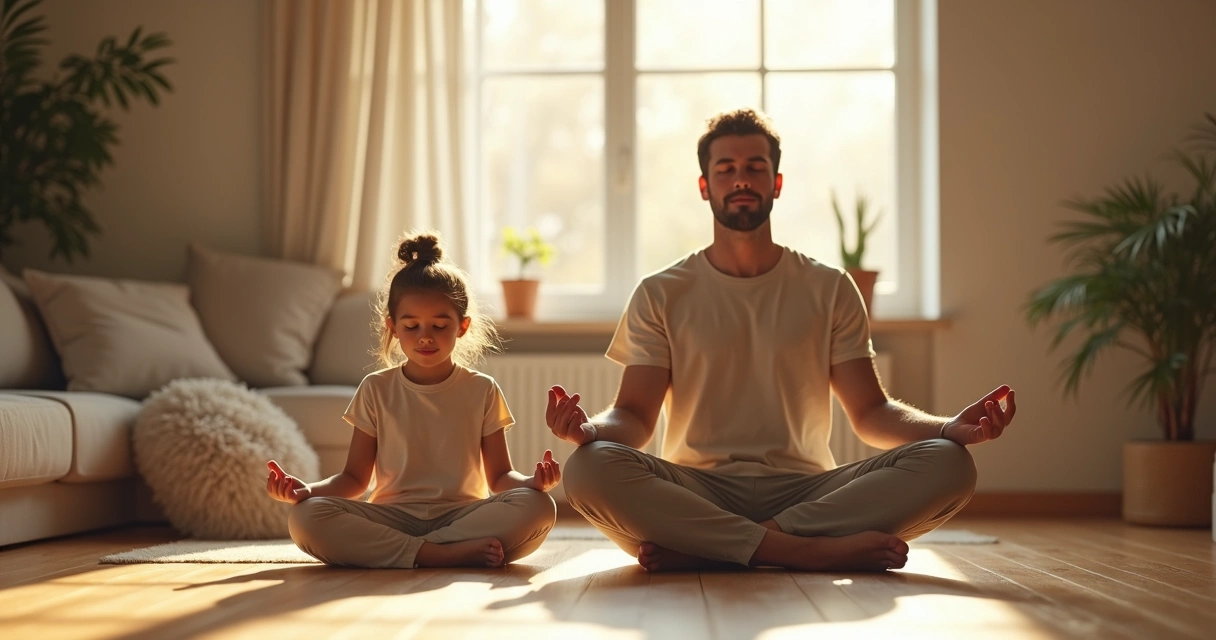 Padre y hija sentados juntos en el suelo, meditando en casa con luz natural lateral. 