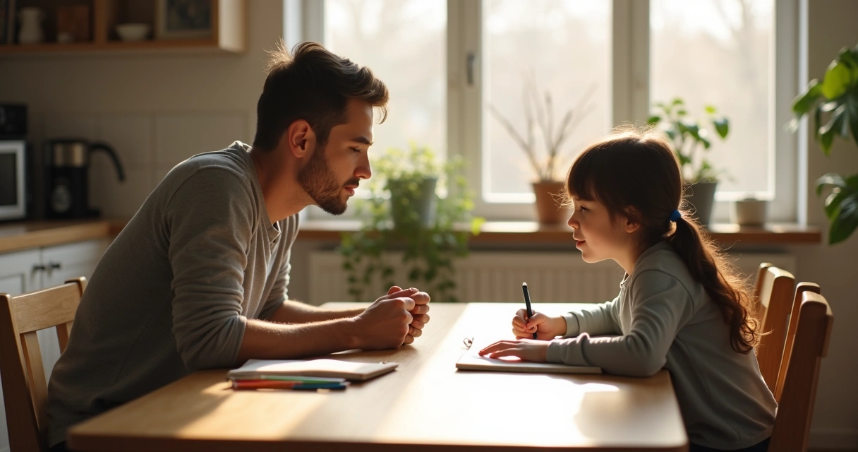 Adulto y menor conversando en una mesa con cuaderno y luz suave