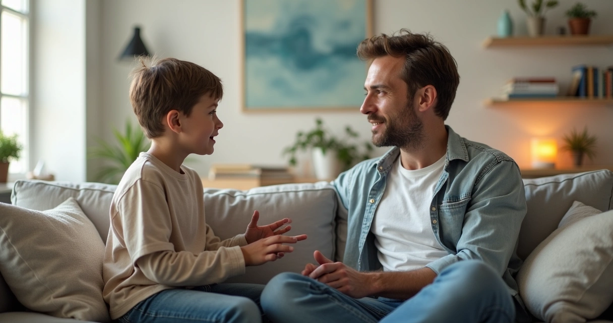 Padre y hijo conversando en casa con ambiente tranquilo y consciente 