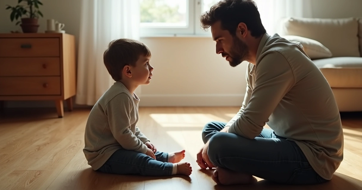 Padre con su hijo pequeño, ambos sentados en el suelo y mostrando expresiones emocionales diferentes.