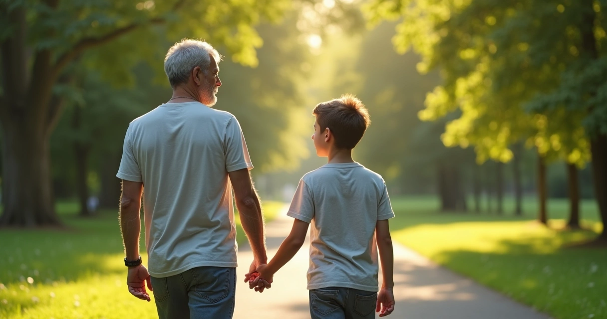Padre e hijo caminando y dialogando en la naturaleza