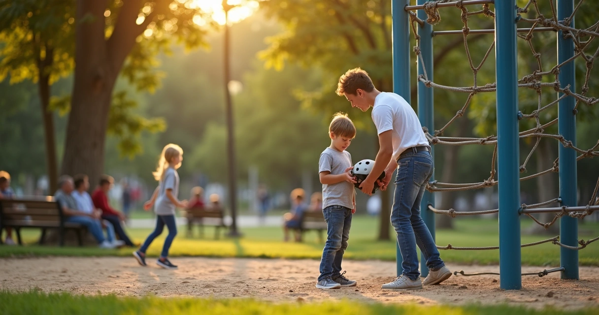 Padre muy cerca del hijo frenando su intento de subir a una estructura de juego en el parque 