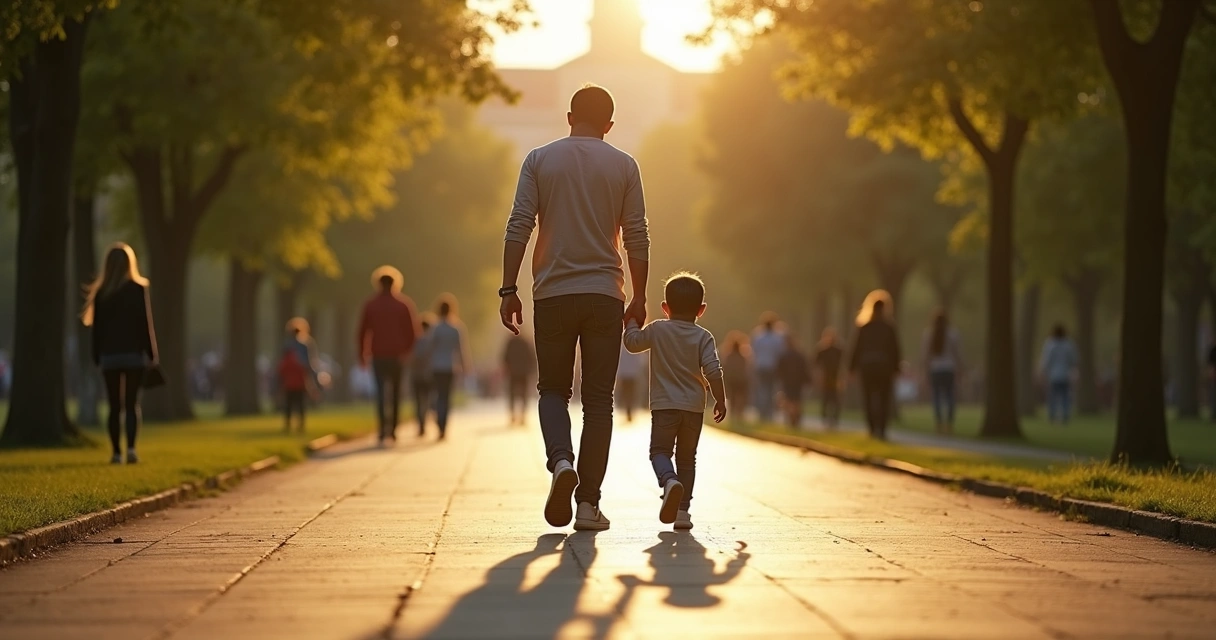 Padre y niño caminando proyectando una sombra en forma de red tensa 