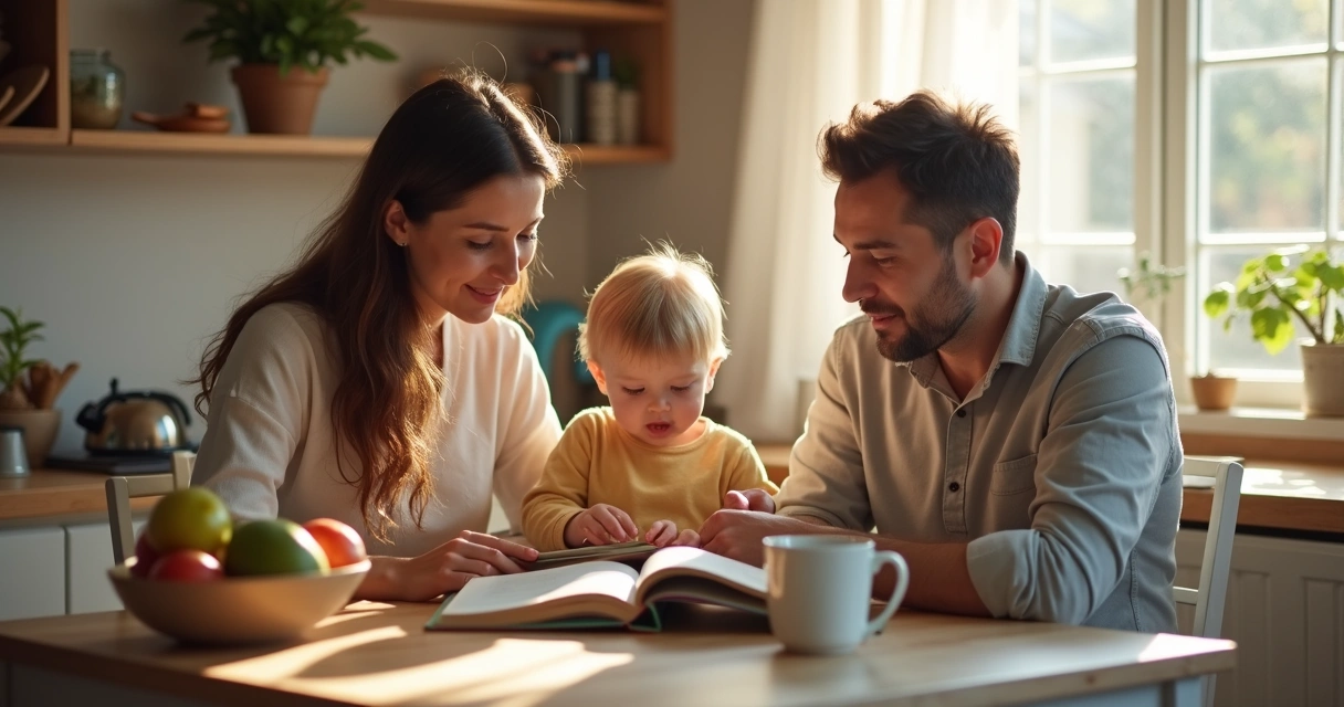 Padre y madre dialogan calmadamente mientras niño decide entre libros 