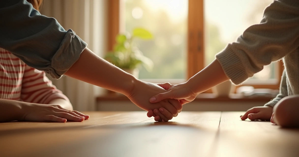 Manos de adultos y niños tocándose sobre una mesa, simbolizando conexión familiar