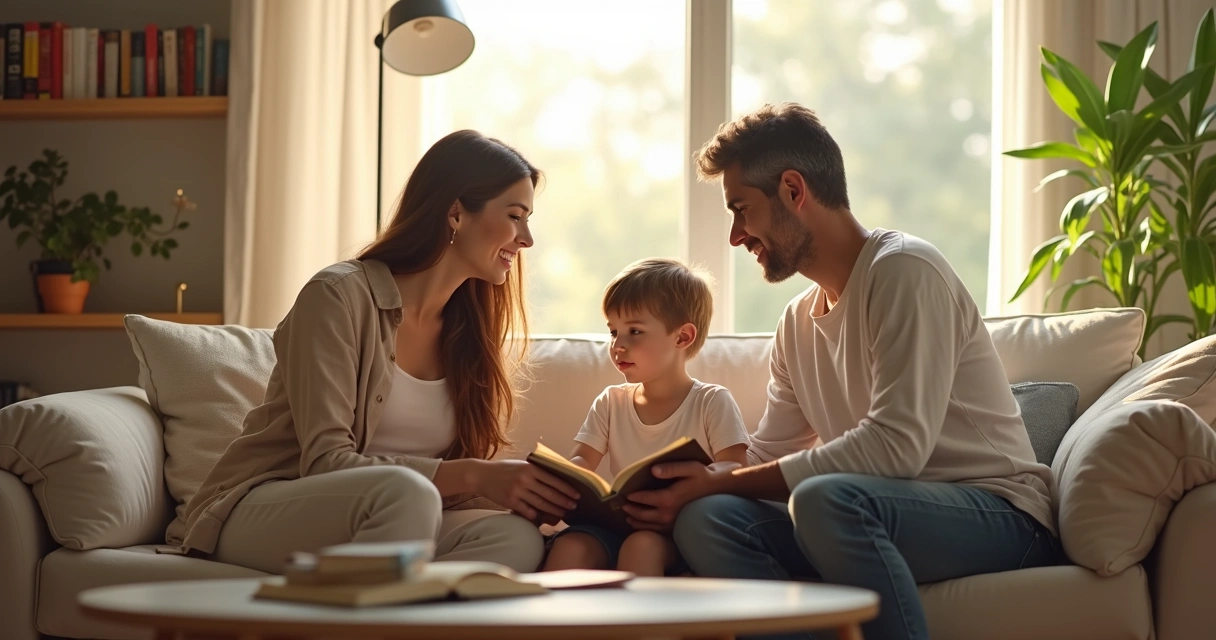 Padres conversando con hijo en sala de estar luminosa