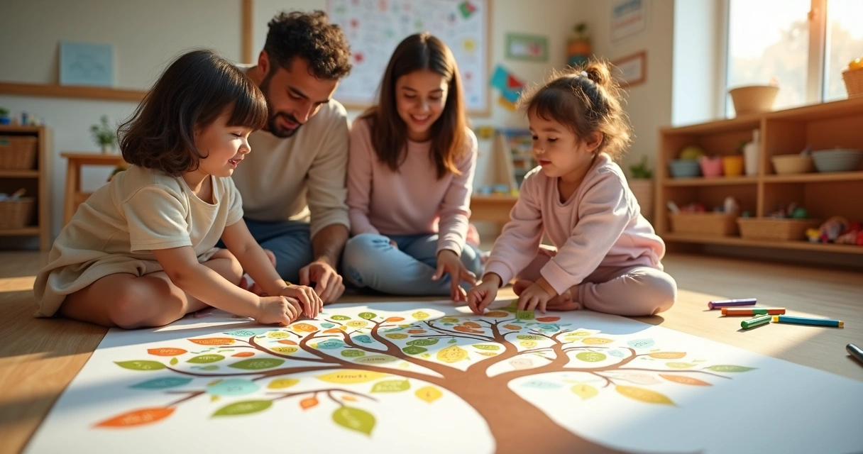 Padres y niños pequeños dibujando un árbol de valores en el suelo de una sala luminosa 