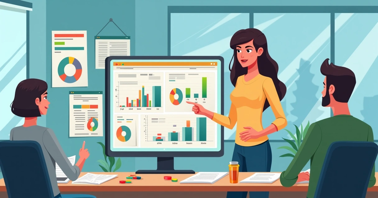 Profissional analisando gráficos e tabelas coloridas projetadas em tela 