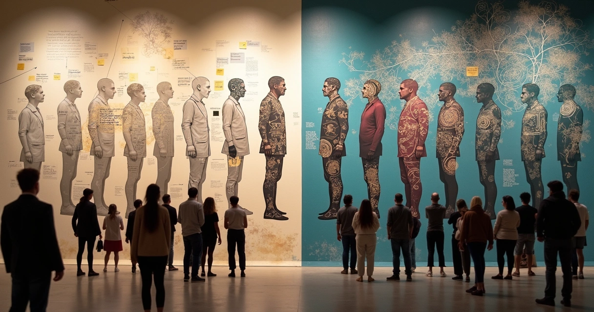 Mural de silhuetas em grupo metade com traços manuscritos e metade com padrões em espiral 