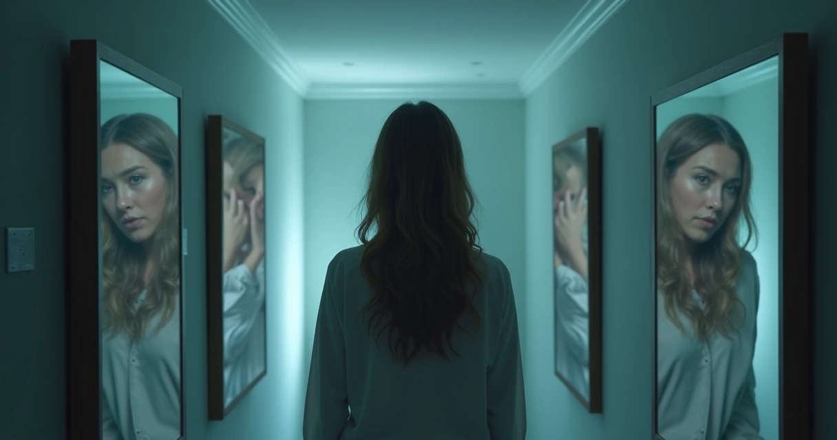 Pessoa refletindo diante de vários espelhos, cada um com uma expressão diferente