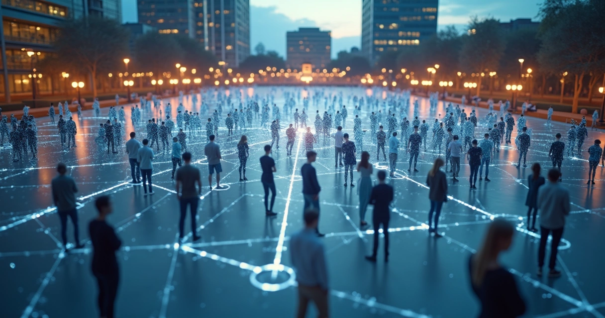 Grupo de pessoas conectadas por linhas de luz formando uma rede sobreposta a uma cidade vista de cima 