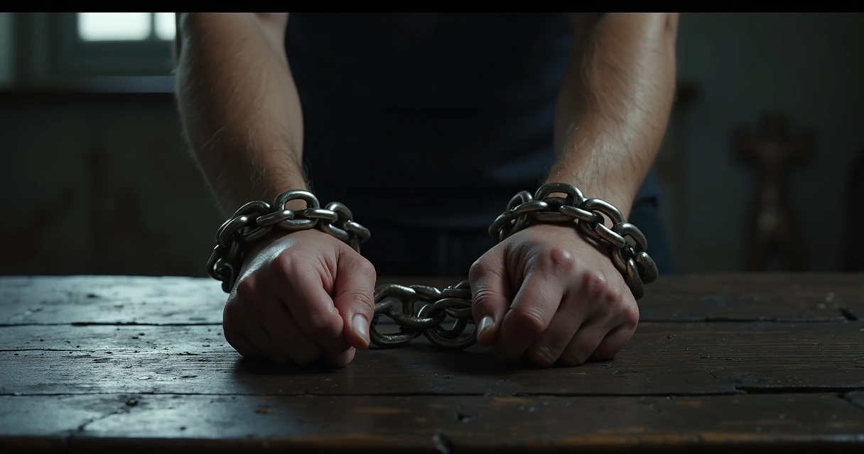 Correntes envolvendo pulsos humanos simbolizando prisão em hábitos negativos