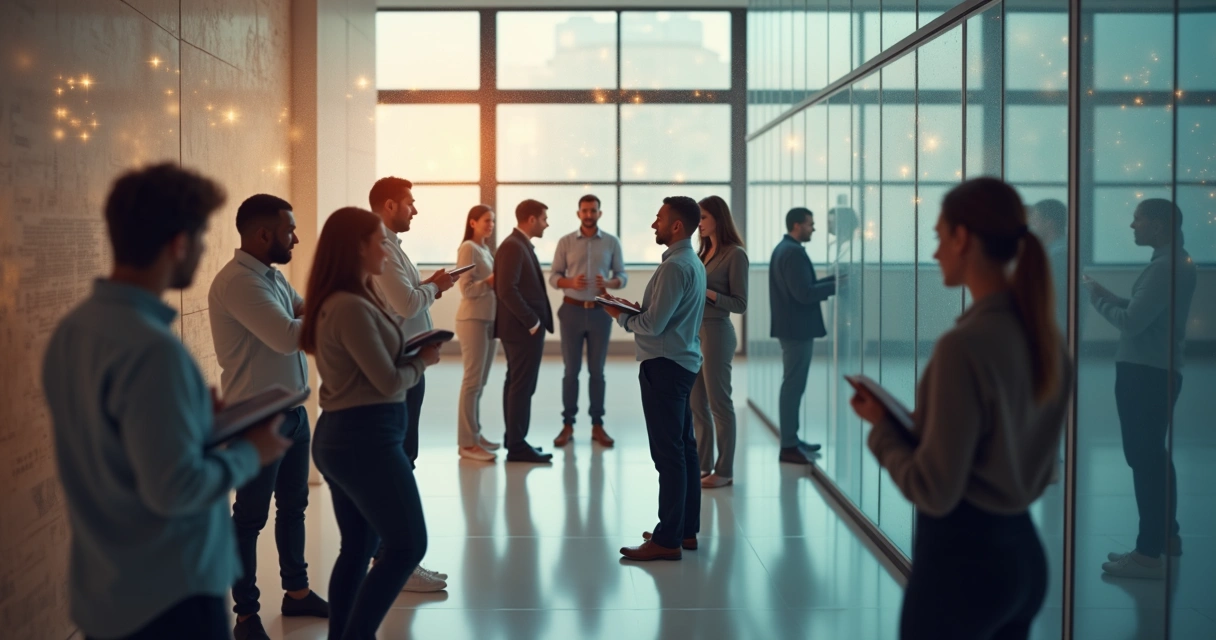 Linhas conectando pessoas em um ambiente corporativo