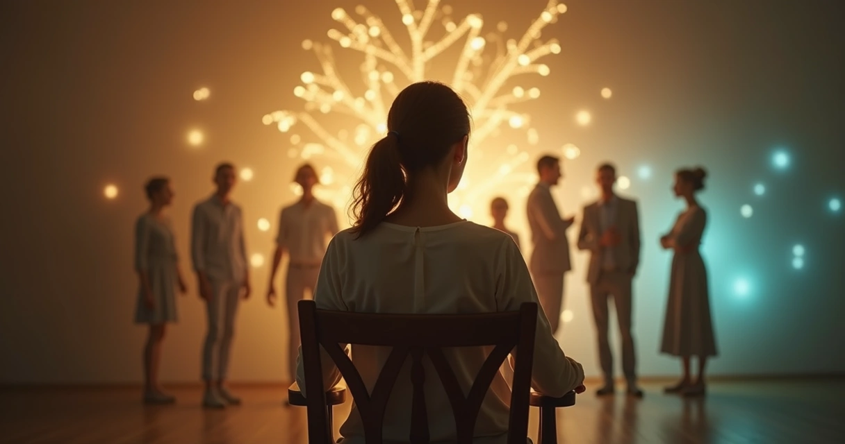 Mulher contemplando linha de ancestrais em cenário abstrato 