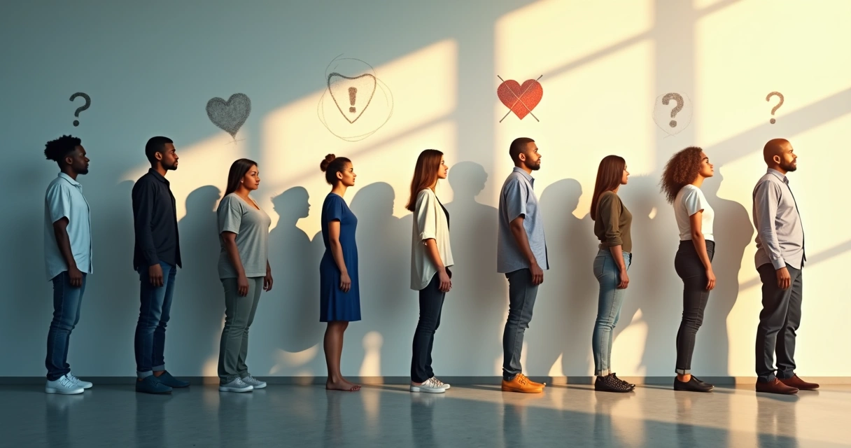 Pessoas de diferentes idades e gêneros, lado a lado, com sombras por trás representando seus padrões emocionais internos