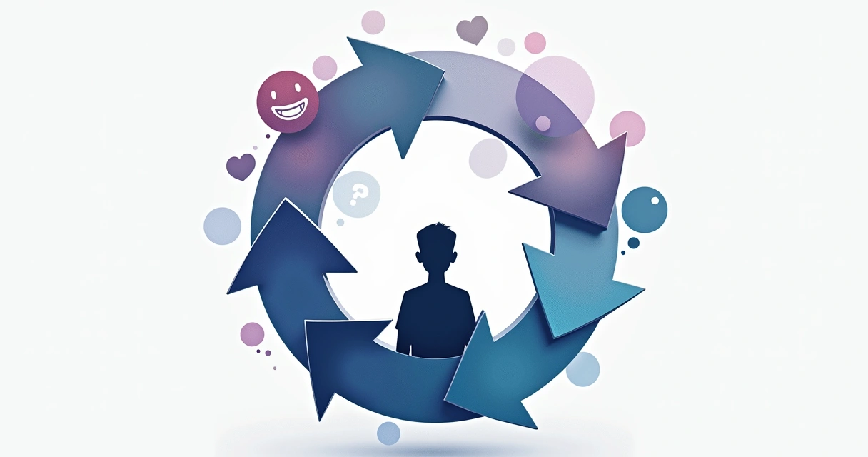 Seta circular representando ciclos emocionais com silhueta humana ao centro 