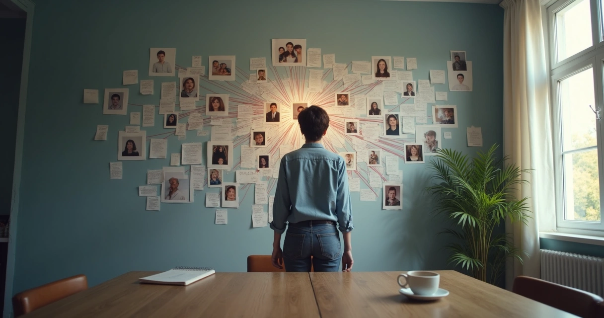Pessoa observando fios e fotos em uma parede de padrões emocionais