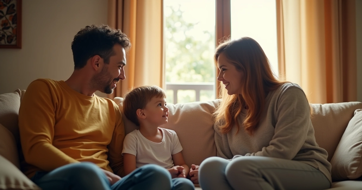 Família sentada em sofá interagindo, com criança olhando adultos. 