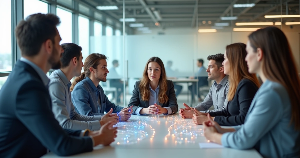 Equipe em reunião mostrando conexão emocional com linhas de energia entre as pessoas 