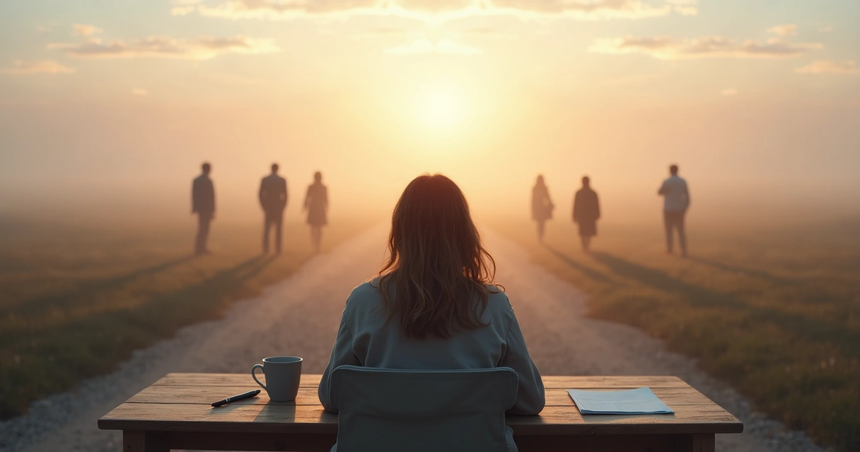 Pessoa refletindo entre duas decisões com sombras de gerações ao fundo 