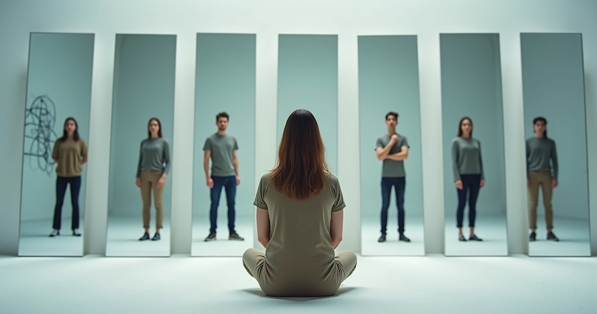 Pessoa observando reflexos fragmentados de si mesma em espelhos, representando padrões emocionais confusos 