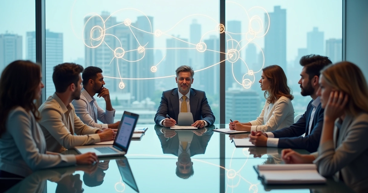 Equipe em reunião com conexões sutis representando padrões emocionais invisíveis 