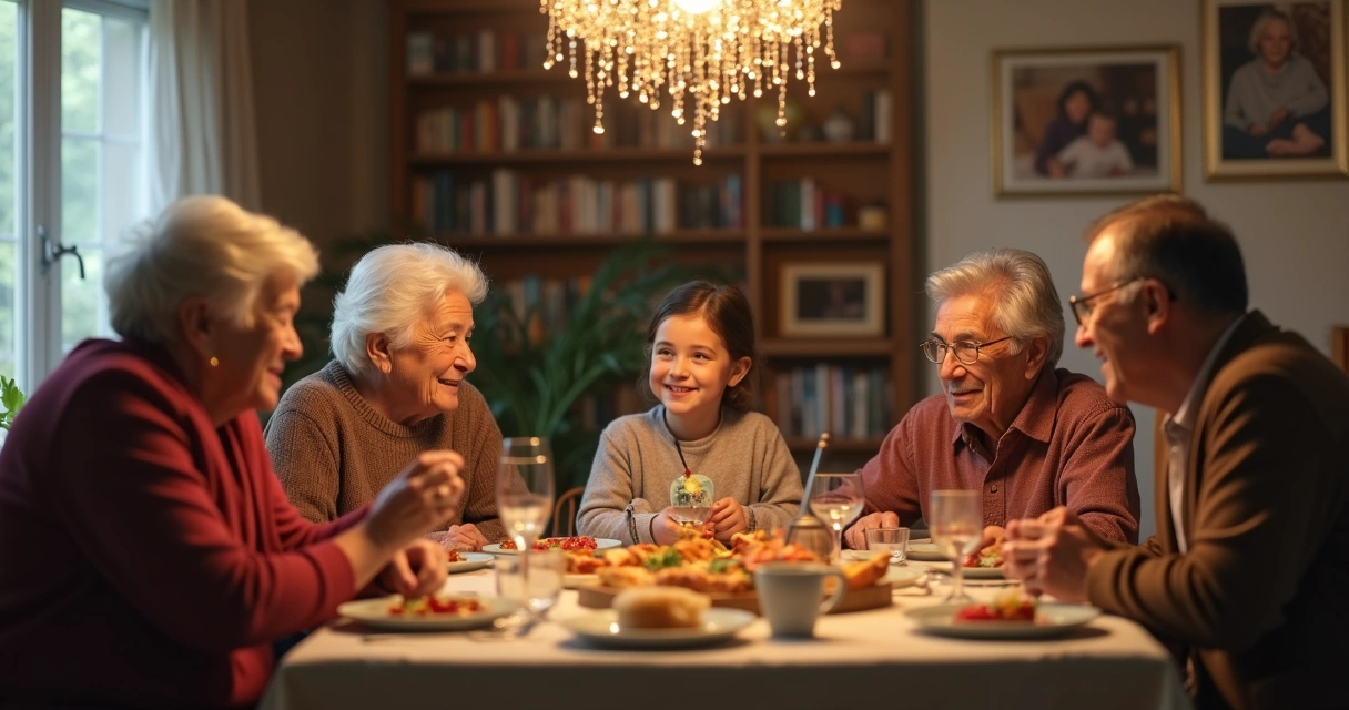 Família de várias gerações interagindo em mesa de jantar, mostrando ligação entre idades diferentes 