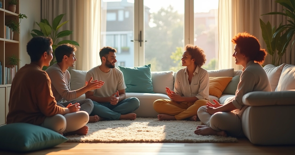 Grupo em conversa com silhuetas coloridas sobrepostas representando padrões emocionais 