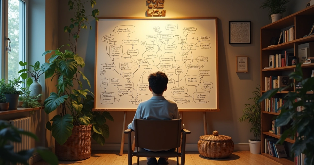 Desenho mostra pessoa refletindo sobre padrões emocionais repetidos em sua vida.