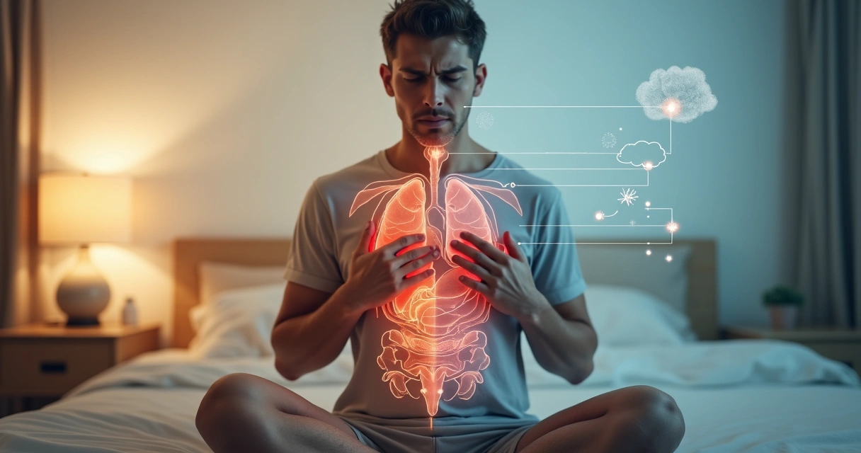 Pessoa tocando o peito e a cabeça com ilustrações de corpo e emoções conectadas 