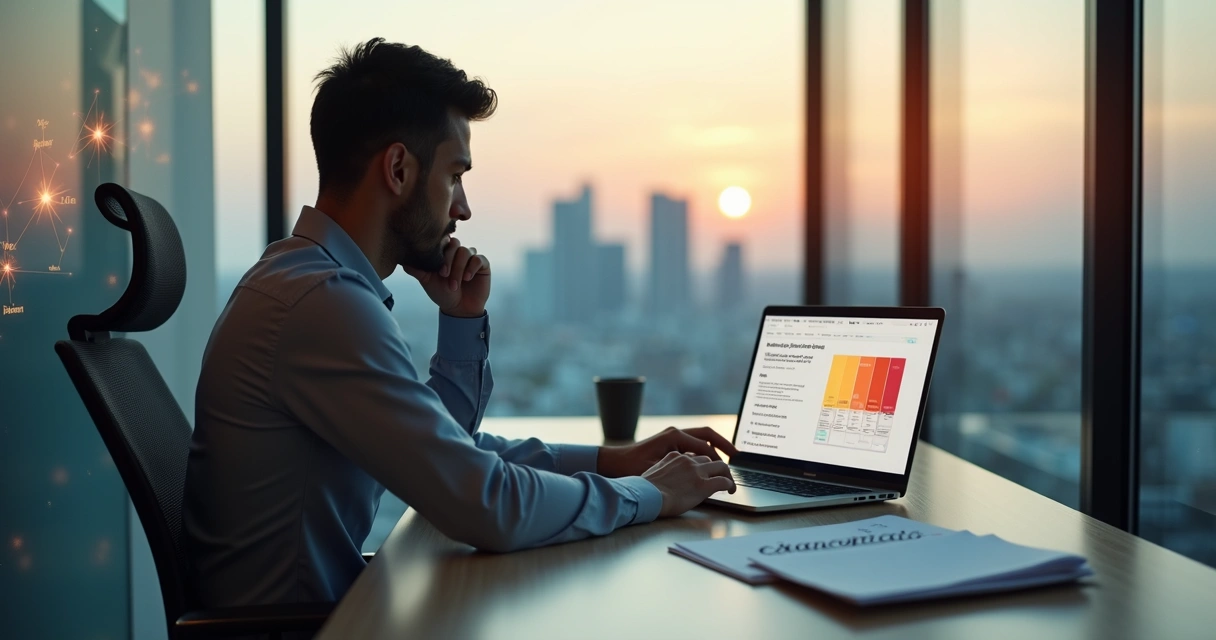 Profissional observando padrões emocionais em decisão de trabalho em um escritório moderno 