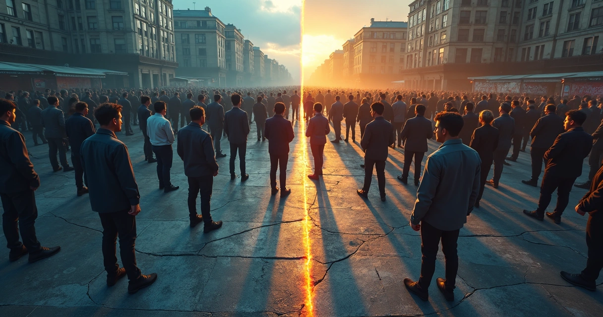 Multidão urbana dividida por um muro invisível representando conflito emocional e violência social 