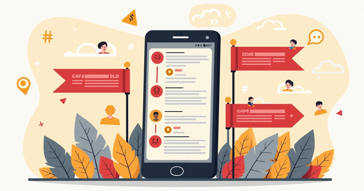 Infográfico mostrando sinais de risco de fake news em redes sociais como hashtags perigosas e comentários suspeitos