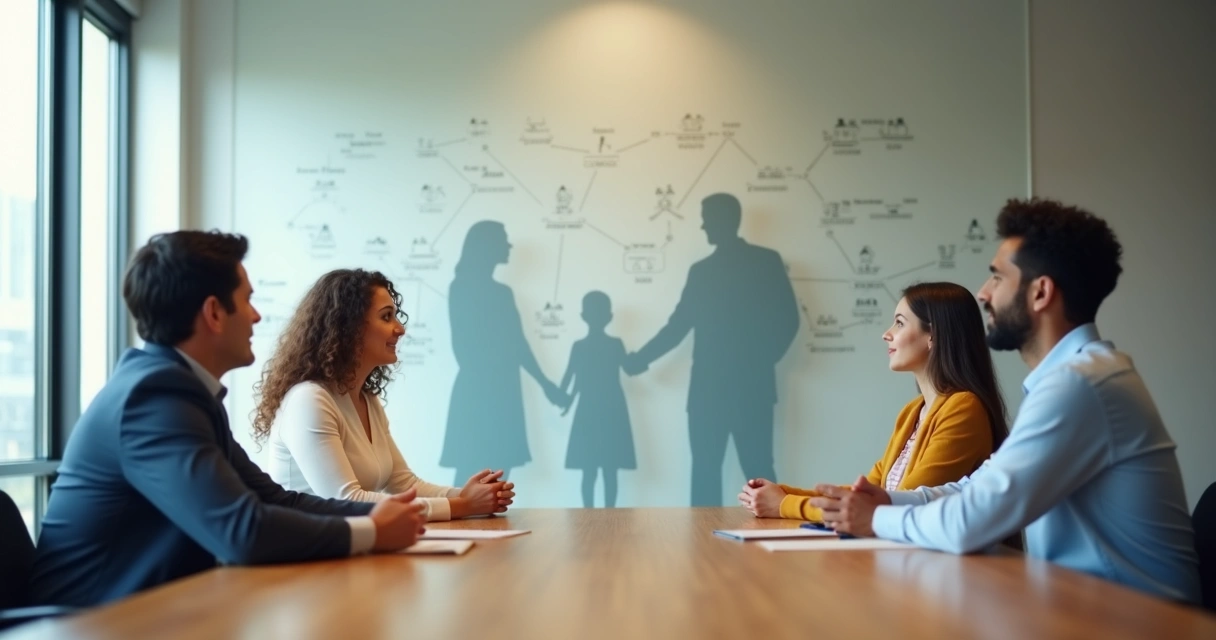 Equipe em reunião de trabalho com silhuetas de uma família sobrepostas ao fundo 