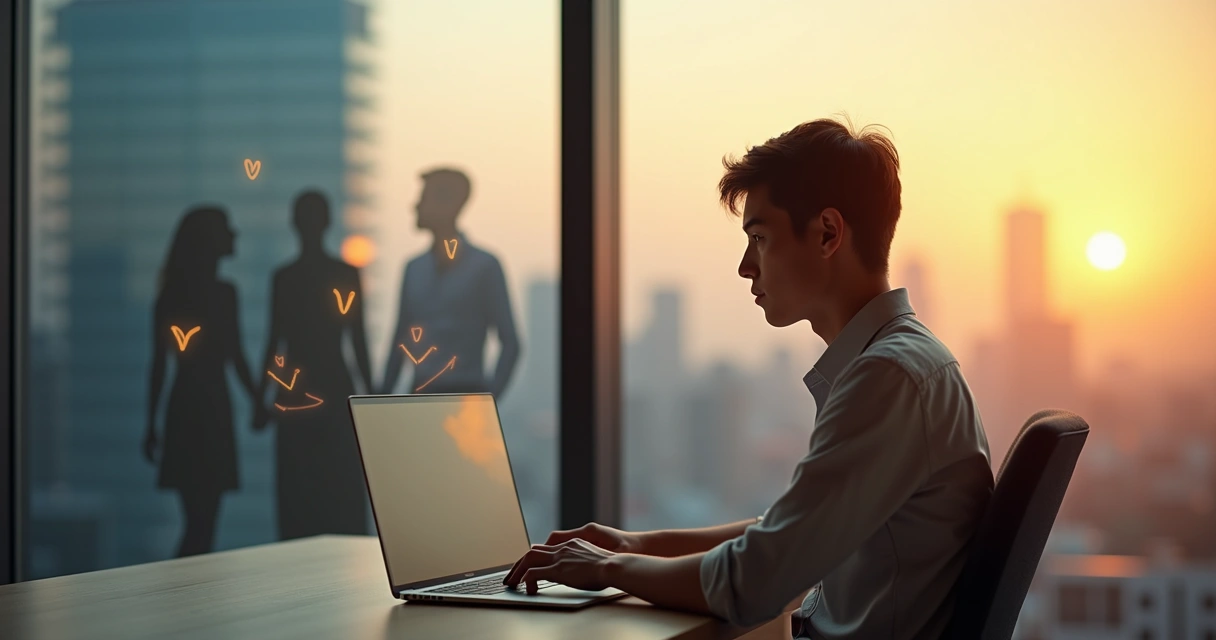 Profissional pensativo com sombras de familiares ao fundo conectando trabalho e família 