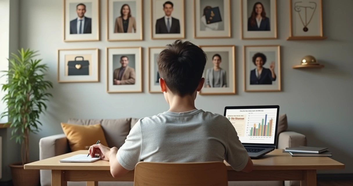 Jovem em dúvida entre dois caminhos profissionais diante de fotos de família na parede 