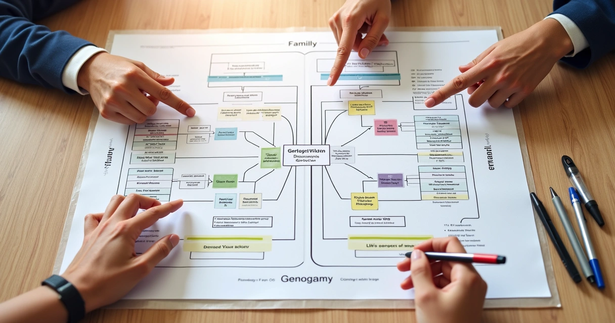 Desenho de genograma familiar com símbolos e linhas coloridas 