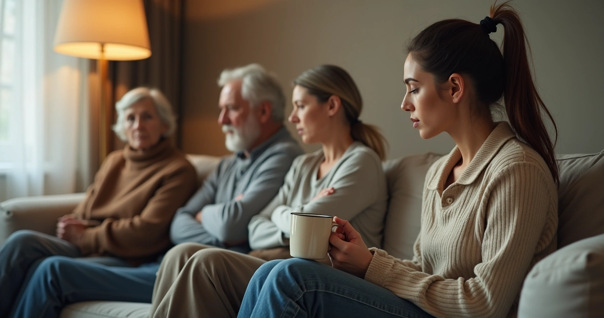 Família em sala de estar dividida entre conexão e distanciamento 