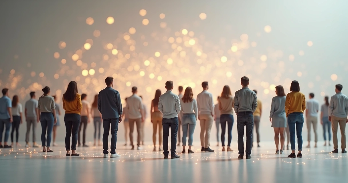 Pessoas de diferentes grupos sociais conectadas por linhas formando uma rede de padrões invisíveis 