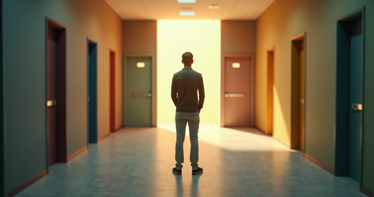 Pessoa diante de várias portas coloridas simbolizando escolhas diárias influenciadas por padrões inconscientes 