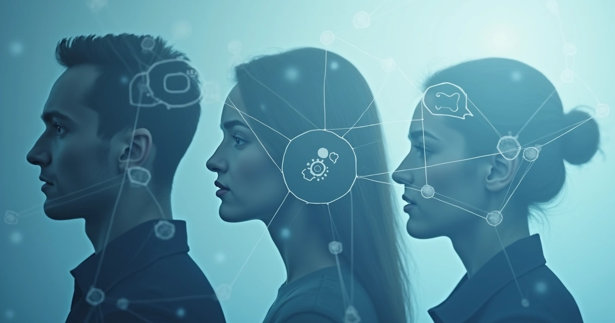 Fluxogramas e rostos sobrepostos simbolizando conexões e padrões em grupo