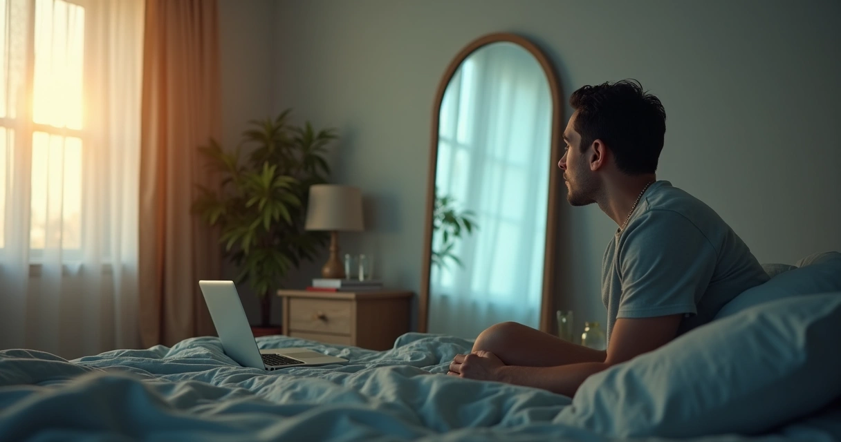 Pessoa observando o próprio reflexo fragmentado em espelho com cenas do cotidiano ao fundo 