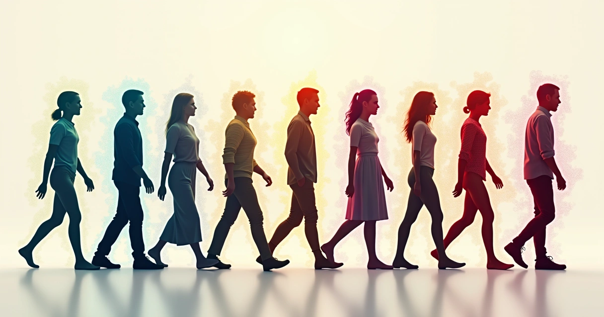 Desenho de sete silhuetas de pessoas de diferentes idades e gêneros andando lado a lado, cada uma com linhas abstratas coloridas ao redor do corpo, simbolizando diferentes padrões inconscientes 